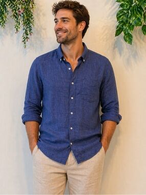 PORTER & ASH 100% Linen Button Down Shirt - Navy